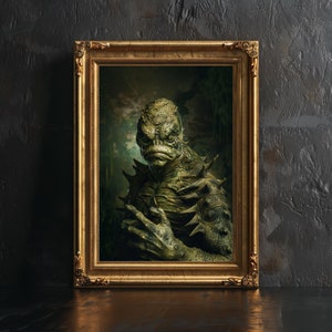 May include: A framed portrait of a green, reptilian creature with sharp teeth and a menacing expression. The creature is wearing a spiky, leather-like costume and has a dark, swampy background.
