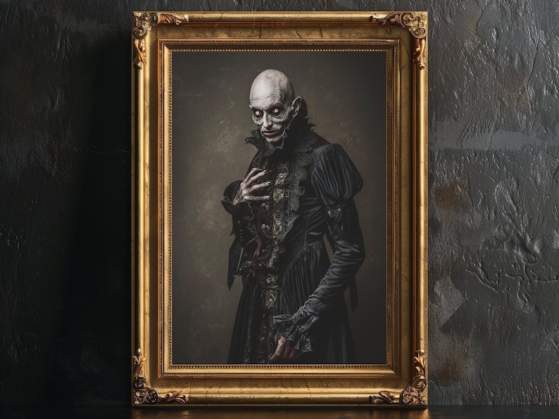 May include: A portrait of a person in a dark, ornate, black dress with a high collar. The person has pale skin, dark eyes, and a serious expression. The portrait is framed in a gold frame.