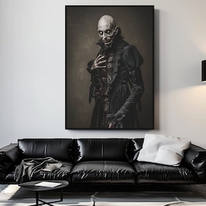 May include: A black and white portrait of a person in a dark, gothic-style outfit. The person has pale skin, dark eyes, and a serious expression. The background is a dark, textured wall.