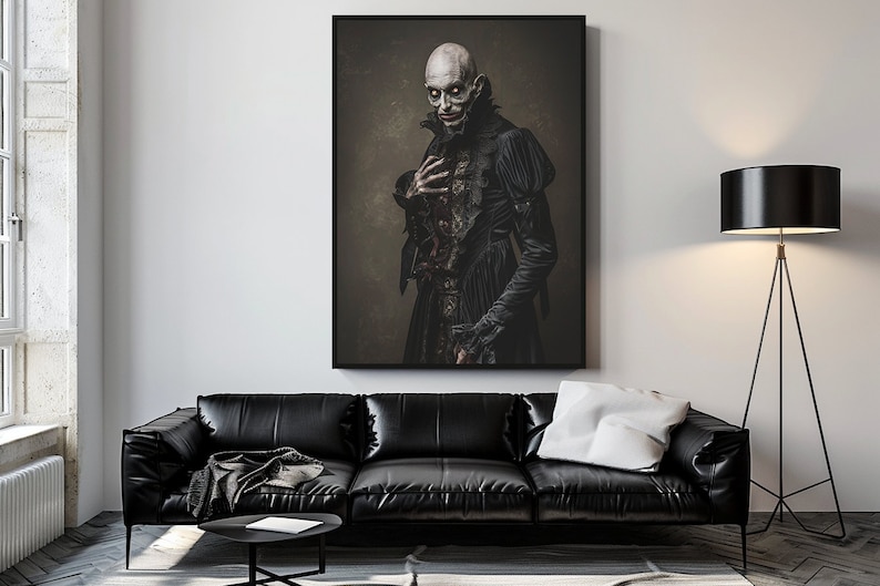 May include: A black and white portrait of a person in a dark, gothic-style outfit. The person has pale skin, dark eyes, and a serious expression. The background is a dark, textured wall.