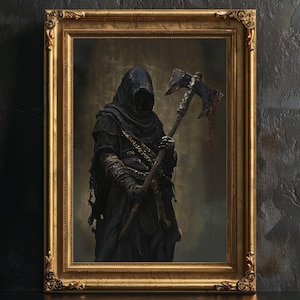 May include: A painting in a gold frame depicts a hooded figure holding a bloody axe. The figure is wearing a dark robe and has a menacing expression.