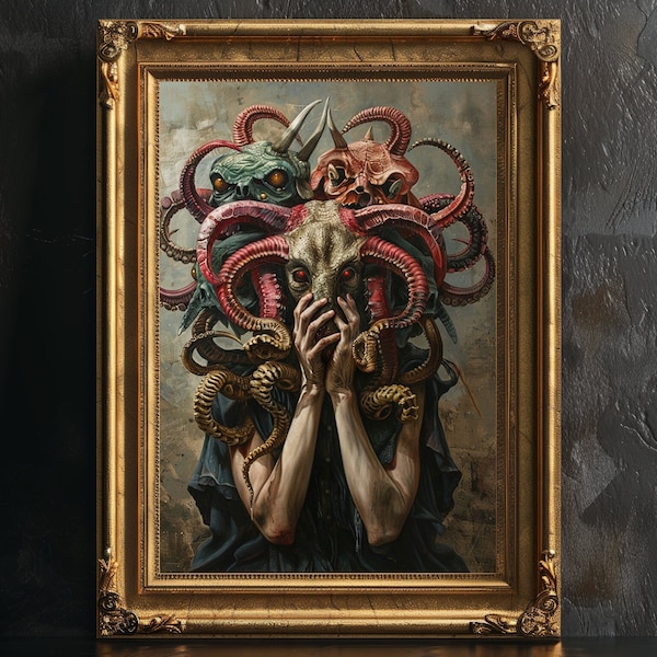 Mythological Creatures Poster Surreal Decor, Skull Octopus Poster Art, Demon Poster, Surreal Art, Collage Portrait, HP Lovecraft Poster.