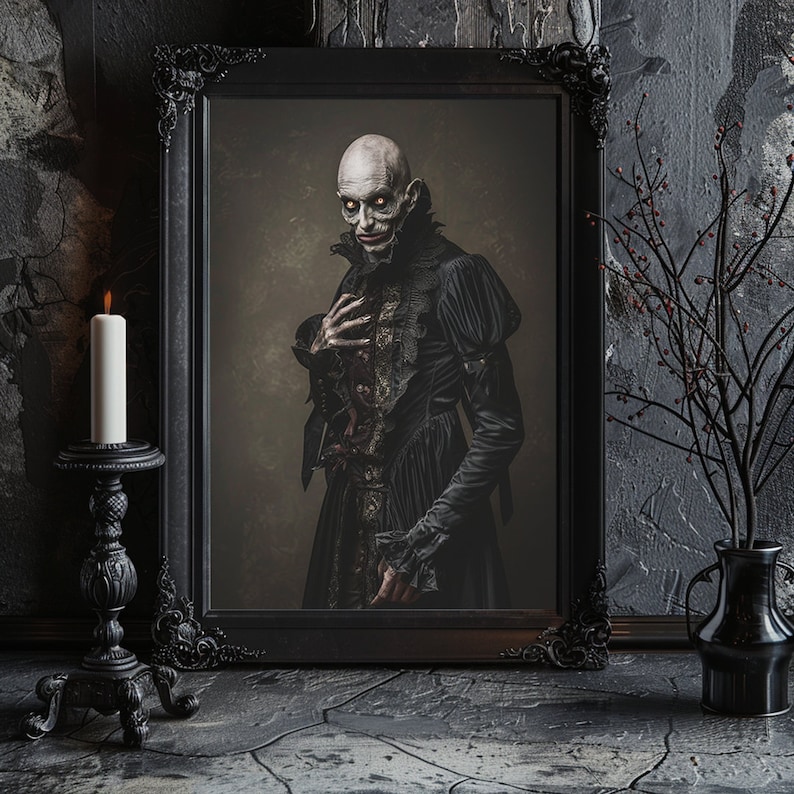 May include: A black framed portrait of a person with pale skin and dark hair wearing a black dress with lace details. The person has a serious expression and is looking directly at the viewer. The portrait is set against a dark background.