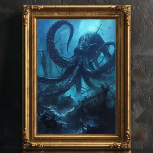 Póster decorativo de pulpo gigante Kraken Cthulhu, póster de neón, impresión mítica, póster de arte pop, póster de terror oceánico, póster moderno, impresiones digitales.
