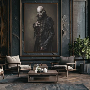 May include: A dark, moody interior design with a framed portrait of a man in a black robe, two chairs, a coffee table, a potted plant, and a large window.