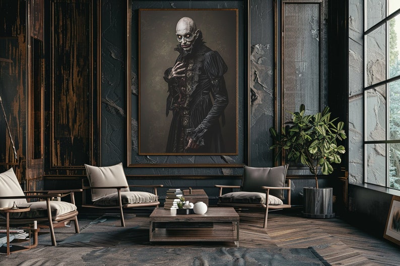 May include: A dark, moody interior design with a framed portrait of a man in a black robe, two chairs, a coffee table, a potted plant, and a large window.