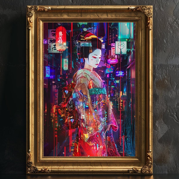 Japanese Yokai Geisha Poster Wall Decor, Japan Art Decor, Collage Print, Kuchisake-onna, slit-mouthed woman, Neon poster, Japan poster.