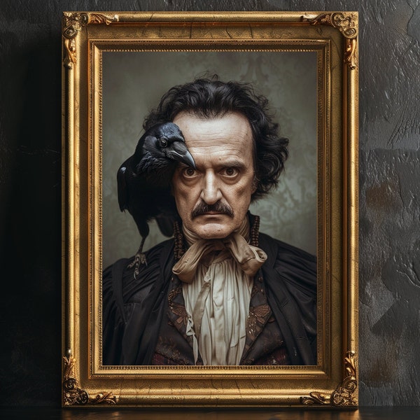 Edgar Allan Poe Poster, Gothic Wall Decor, Raven Poster Print, Vintage Photography, Animal Portrait, Victorian Poster, Nevermore, Occultism.