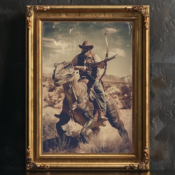 Impresión artística de un vaquero velociraptor: póster vintage de dinosaurio del oeste