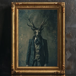 May include: A framed portrait of a person with a deer head and antlers. The person is wearing a dark suit and a tie. The background is a dark, textured wall.
