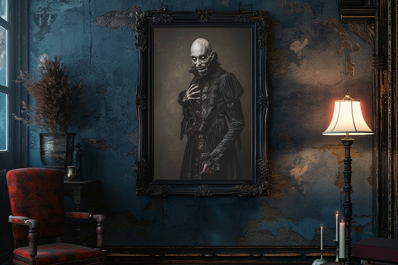 May include: A framed portrait of a man in a dark, gothic-style outfit, with pale skin and a sinister expression. The portrait is set against a dark background and is framed in a black ornate frame. The portrait is hanging on a blue wall with a distressed texture.