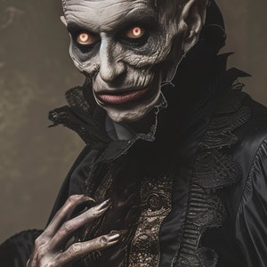 May include: A close-up of a person in a black costume with a white face and glowing red eyes. The person has sharp, pointed fingernails and is wearing a black lace collar.