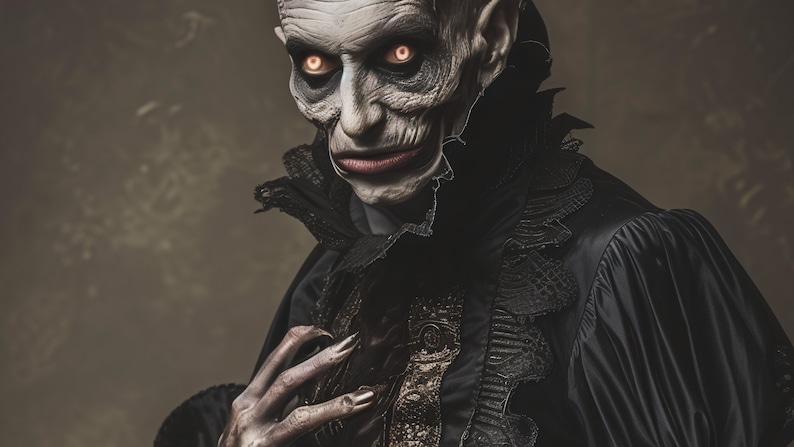 May include: A close-up of a person in a black costume with a white face and glowing red eyes. The person has sharp, pointed fingernails and is wearing a black lace collar.