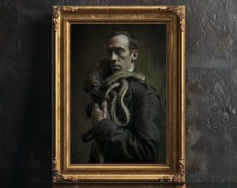 HP Lovecraft Cthulhu Kraken-poster, horrorafdrukken met hoge resolutie, Victoriaanse print, vintage fotografie, Lovecraft-portret, griezelige poster.
