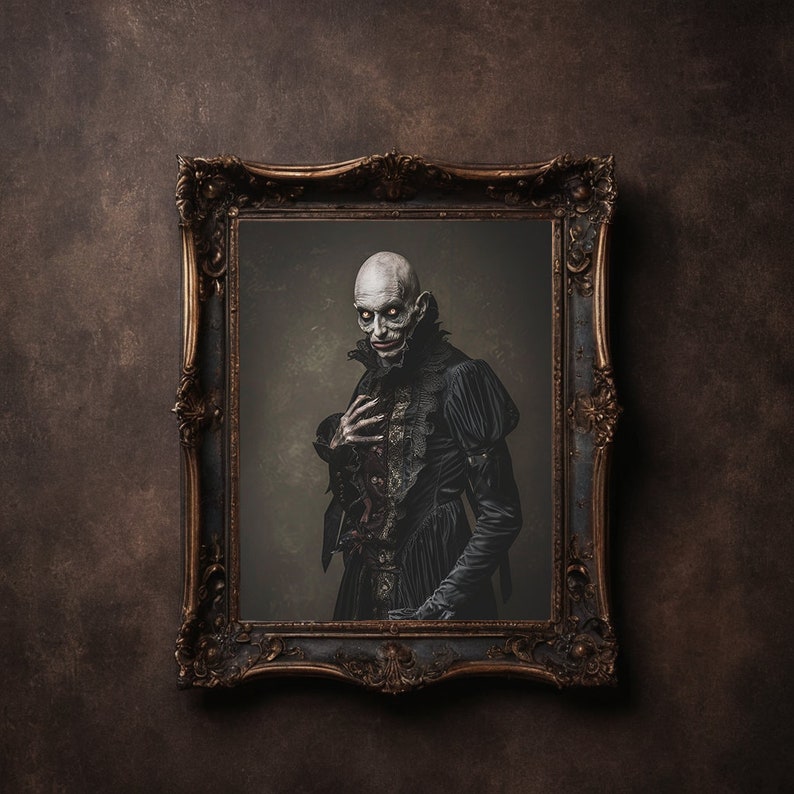 May include: A framed portrait of a person with pale skin and dark eyes, wearing a black lace dress and a serious expression.