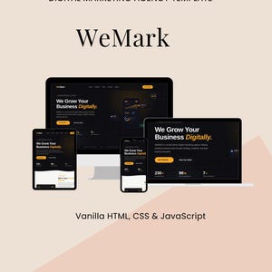 May include: A digital marketing agency template with the name "WeMark" displayed prominently. The image showcases website designs on a desktop computer, tablet, smartphone, and laptop. The text "We Grow Your Business Digitally" is visible on the screens, along with "Vanilla HTML, CSS & JavaScript."
