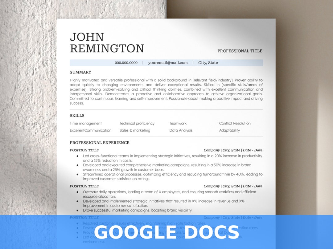 Professional Resume Template for Google Docs With Cover Letter and ...