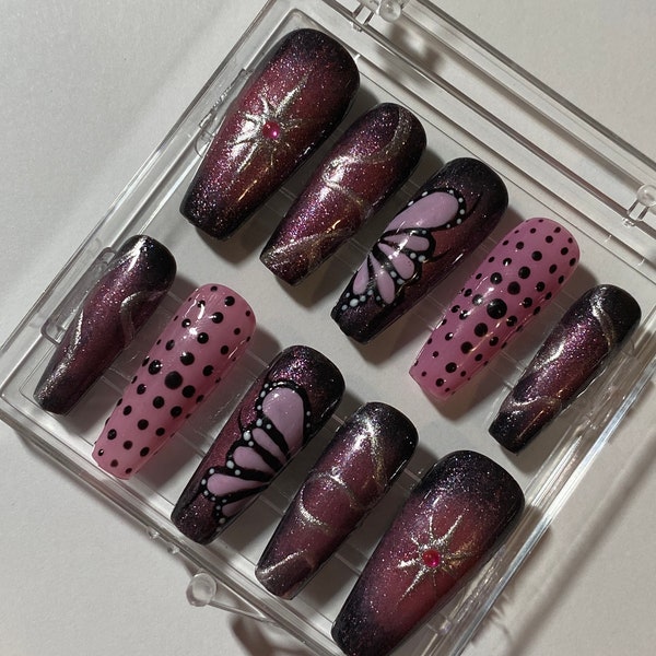 Black Pink Halftone Glitter Airbrush Velvet Butterfly Long Coffin Press On Gel Reusable Nails Handmade