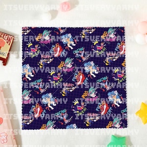 May include: A square microfiber cloth with a dark purple grid pattern featuring a repeating cartoon character print. The design includes colorful text elements such as OUCHIE, POC, HUH, BWEH, and FUCK OFF scattered among the illustrated figures.