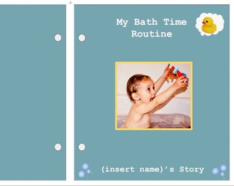 May include: A blue and white book with the title "My Bath Time Routine" and a picture of a baby playing in a bathtub. The book also has a yellow rubber duck illustration and the text "(insert name)'s Story".