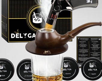Cocktail Smoker Kit with Torch, Pipe-Shaped, Whiskey Smoker, 4 Wood Chips Flavors, Gifts for Dad / Men, DELYGA Old Fashioned (No Butane)