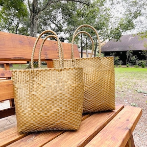 Handmade Plastic Tote, Beach Bag, SummerBag, Fall bag,  Measurements Length 9.5 inches, Width 14 inches