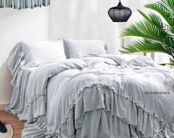 Linen DUVET COVER Rustic style linen bedding with ruffles shabby chic washed linen ruffle arround buttoned hidden closure