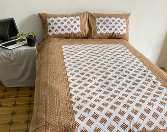 Hand Block Print Marigold Design King Size Bedsheet Set with Pillow Covers, 100% Organic Cotton Bedsheet, Double Bedding Set/ Bedspread