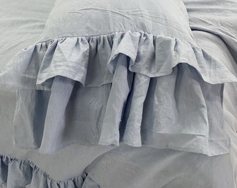 Linen DUVET COVER Rustic style linen bedding with ruffles shabby chic washed linen ruffle arround buttoned hidden closure