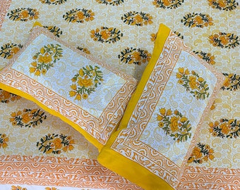 Hand Block Print Bedsheet Set.3 Piece Cotton. 90"x60"/Floral Paisley Boho Design King Size Soft Cotton Flat Sheet Set/Gifts For Mother