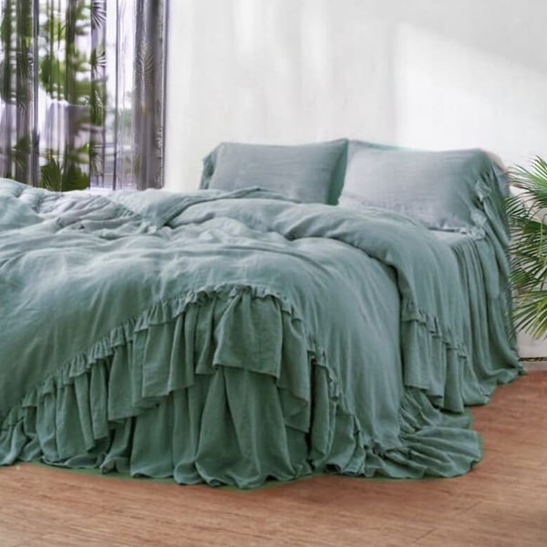 Jaipuri Rusty LINEN DUVET COVER. Rustic style ruffled duvet cover and pillowcases. French linen bedding set. MOOshop new colours.