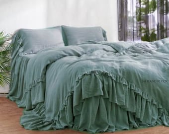 Jaipuri Rustic stylelinen30Colour bedding with double ruffles, French Linen bedding set, 3 PCS with 1 duvet cover 2pillowcases free shipping