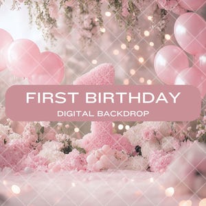 First Birthday Kids Digital Backdrop, One Year Session, One Year Old Birthday, Pink Background, Digital Background Kids