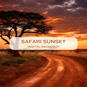 May include: A digital backdrop featuring a scenic African savanna sunset with a lone tree silhouetted against the orange and purple sky. A dirt road winds through the landscape, leading towards the horizon.