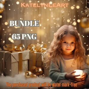 May include: A young child holding a glowing candle, surrounded by Christmas decorations and wrapped gifts. The image includes the text "BUNDLE 65 PNG" and "KATELYNLEART". The overall theme is festive and holiday-related.