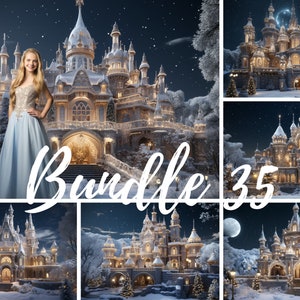 May include: A collection of digital art images featuring illuminated castles in a winter landscape. The images showcase intricate architectural details, with a woman in a blue gown in the foreground. The text "Bundle 35" is overlaid on the image.