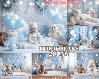 Sweet Baby Blue Teddy: 26PNG Digital Photography Backdrops for Teddy Bear-themed Birthday Cake Smash Studios with Pastel Blue Starry Scenes.