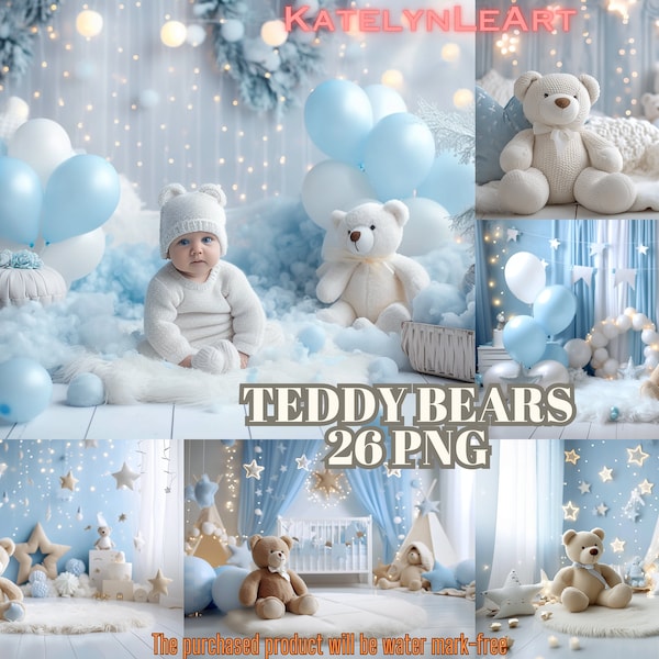 Sweet Baby Blue Teddy: 26PNG Digital Photography Backdrops for Teddy Bear-themed Birthday Cake Smash Studios with Pastel Blue Starry Scenes.
