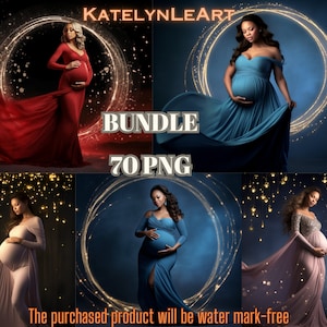 Puede incluir: Un conjunto de imágenes de sesiones de fotos de maternidad con mujeres embarazadas con vestidos fluidos. Las imágenes muestran a mujeres con vestidos rojos, verde azulado y rosas, con efectos de luz brillantes y el texto "BUNDLE 70 PNG". El producto comprado estará libre de marcas de agua.