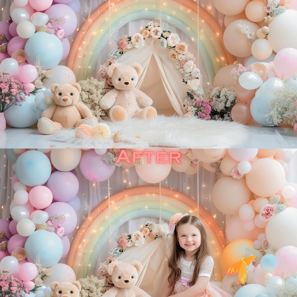 73 Telones de fondo digitales PNG con arco de globo boho pastel y osito de peluche: perfecto para cumpleaños, cake smash y fotos de niños.