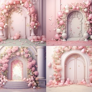 May include: Four images of decorative archways and doorways, adorned with pink and white flowers. The archways are set against a soft pink background, with scattered petals and butterflies. The overall theme is romantic and whimsical, suitable for weddings or events.