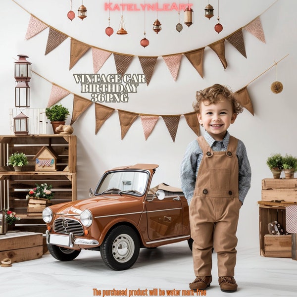 Vintage Car Birthday Backdrops: Cake Smash, Balloons, Kids Photography, Baby Boy/Girl Backgrounds