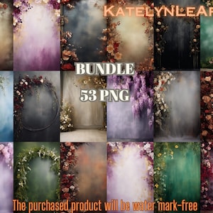 May include: A collection of 15 digital backgrounds with floral and botanical themes. The backgrounds feature various color palettes, including shades of pink, purple, green, and brown, with floral arrangements and a misty effect. The text "BUNDLE 53 PNG" is visible.