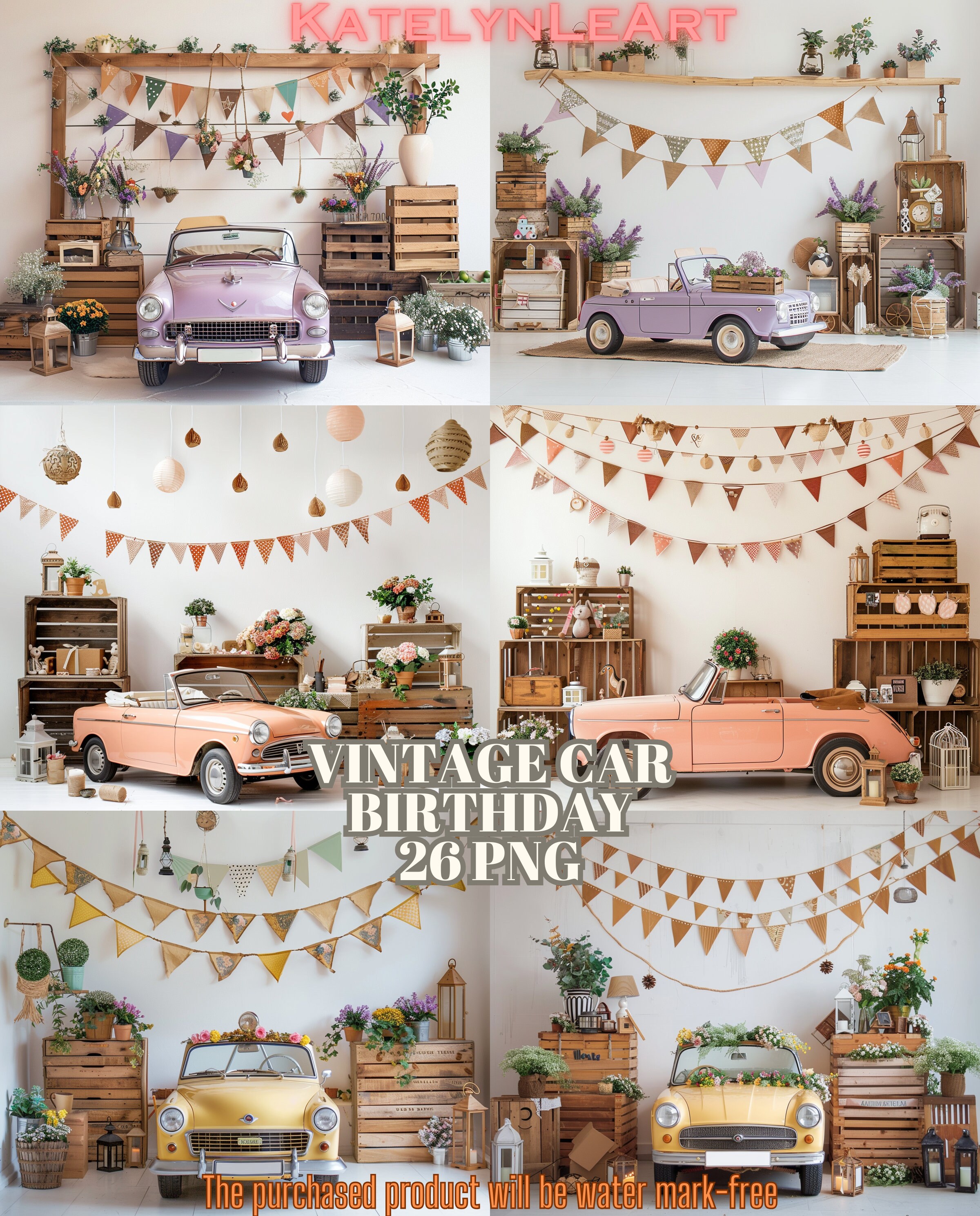 Photo Backdrops Auto Frame Vintage Car Birthday Backdrops: Cake Smash, Balloons, Kids Photography ...