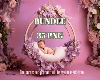 35 Enchanting Newborn Digital Swing High-resolution Backgrounds: Pink Blossoms, Magical Lighting, Photoshop Overlay, Fine Art Craftsmanship