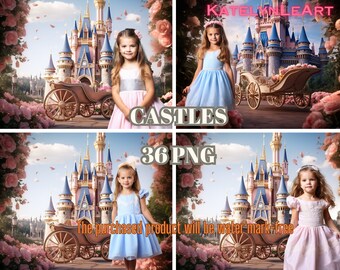 Può includere: Quattro immagini di ragazze in abito che posano davanti a uno sfondo di castello delle fiabe. Lo sfondo include una carrozza trainata da cavalli, rose rosa e il testo "CASTLES" e "36 PNG". Il prodotto acquistato sarà senza filigrana.
