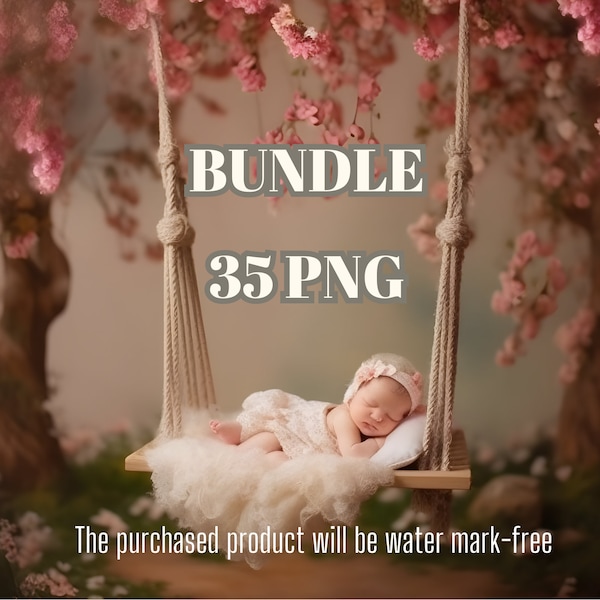 35 High-Resolution Newborn Digital Swing Backdrops: Pink Hanging Flowers, Magical Lights, Photoshop Overlay, Fine Artistry