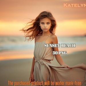 May include: A young person stands on a beach at sunset, wearing a flowing beige dress. The text "SUNSET BEACH 30 PNG" is overlaid on the image. The sky is a gradient of orange and yellow.
