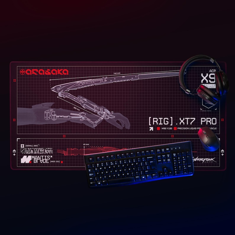 Cyberpunk Blueprint Gaming Mouse Pad, 36x18in (914x457mm) | Stitched Edges | Arasaka image 4