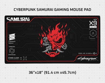 May include: A rectangular black gaming mouse pad featuring a red and grey samurai mask graphic, circuit board patterns, and the text CYBERPUNK SAMURAI GAMING MOUSE PAD, ACR X9, and CYBERPUNK. The dimensions are 36 inches by 18 inches.